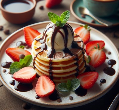 Tortitas Poffertjes con helado, caramelo, fresas y vista desde un plano superior.